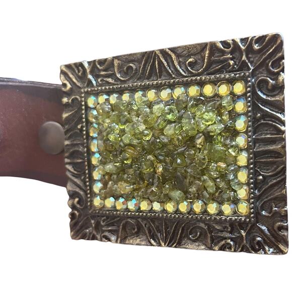 Genuine Leather Belt with Peridot Green Stone Chip Buckle Boho Western Belt main image 6